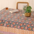 thumbnail image 2 of Vibrant Red Floral Handblock Print Cotton Tablecloth, Cotton Teal Blue Dining Table Cover – Washable, Durable, Decorative Indian Linen, For Dining Table, (60x90 Inches), 2 of 5