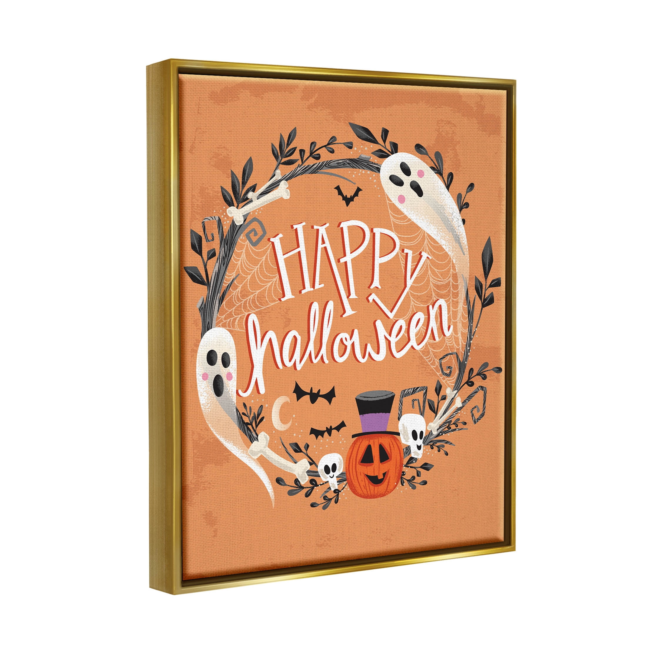 Stupell Industries Happy Haunts Halloween Wreath Graphic Art Metallic Gold Floating Framed Canvas Print Wall Art, Design by Arrolynn Weiderhold
