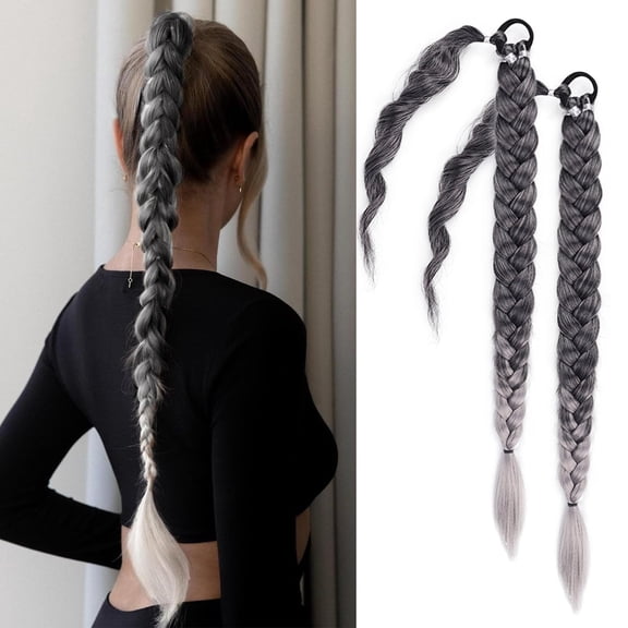 2 Packs Gray Long Braided Ponytail Extensions with Hair Ties Natural Soft Synthetic Hair Piece for Black Women Straight Wrap Around Hair Extensions Ponytail