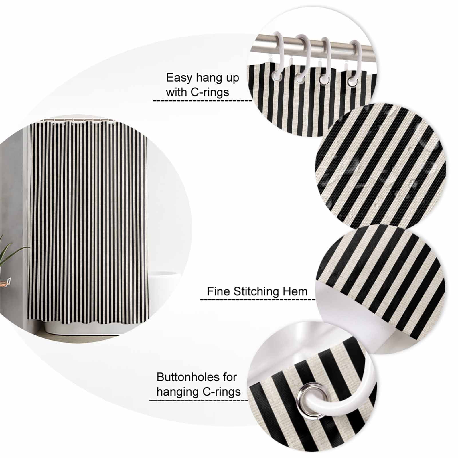 Extra Long Shower Curtain 72x84 Inch, Black Striped Shower Curtain Waterproof Bathroom Decor Modern Simple Farmhouse Beige Vintage Fabric Bath Curtain Set Accessories with Hooks