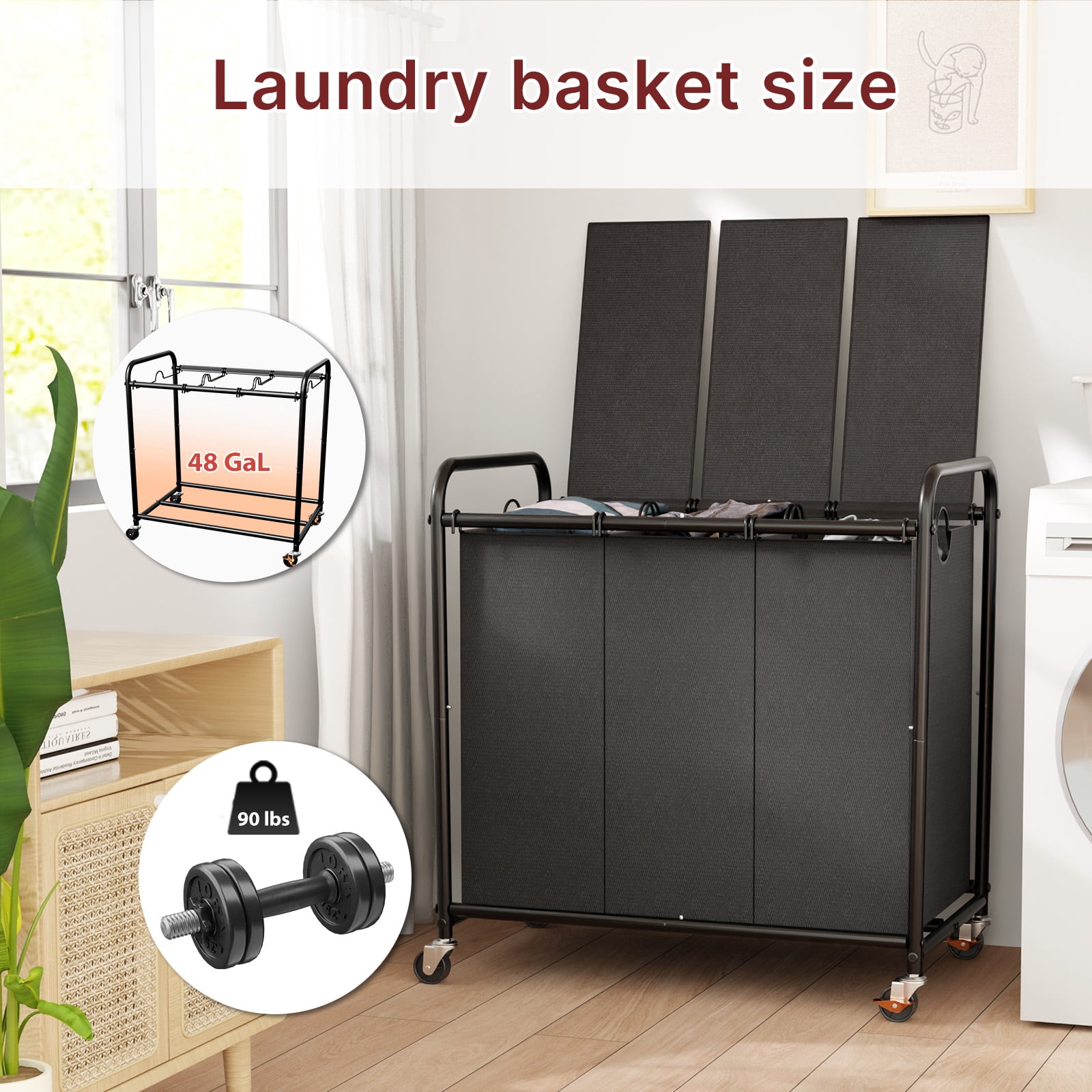 180L (47.55 Gal) Laundry Sorter 3 Section, Rolling Laundry Basket with Lockable Wheels and Lid, Laundry Hamper with 3 Separated Removable Bags Dirty Clothes Hamper for Laundry Room Organizer, Black