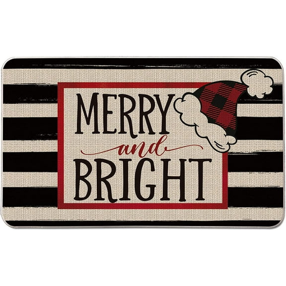 Christmas Hat Decorative Doormat 17" x 29" Merry and Bright Christmas Decor Durable Floor Mat Non-Slip Low-Profile Funny Welcome mat for Indoor Outdoor Balcony Patio