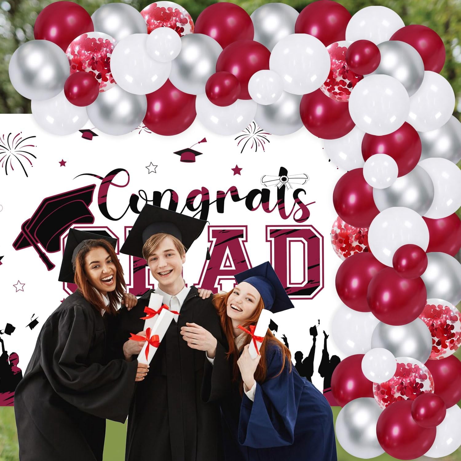 67Pcs Congrats Grad Decorations 2024, Burgundy Red Graduation Decor with Congrats Grad Backdrop Red Silver Confetti Balloon Garland Arch Kit for Class of 2024 Grad Prom Graduation Supplies