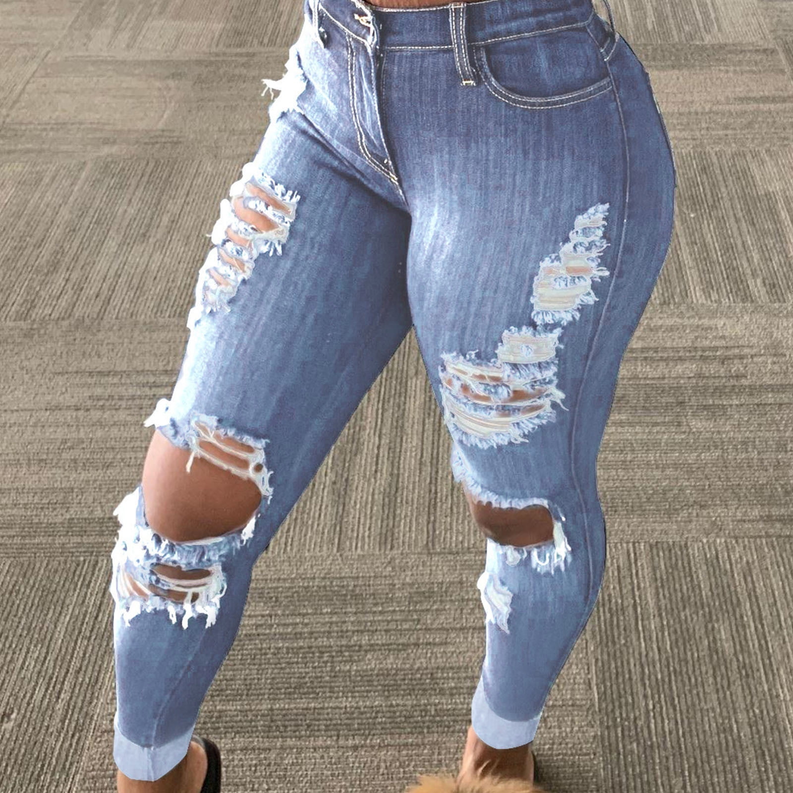 Fashion Side Ripped Holes Jeans Women Blue High Waist Button Bodycon Casual  | eBay