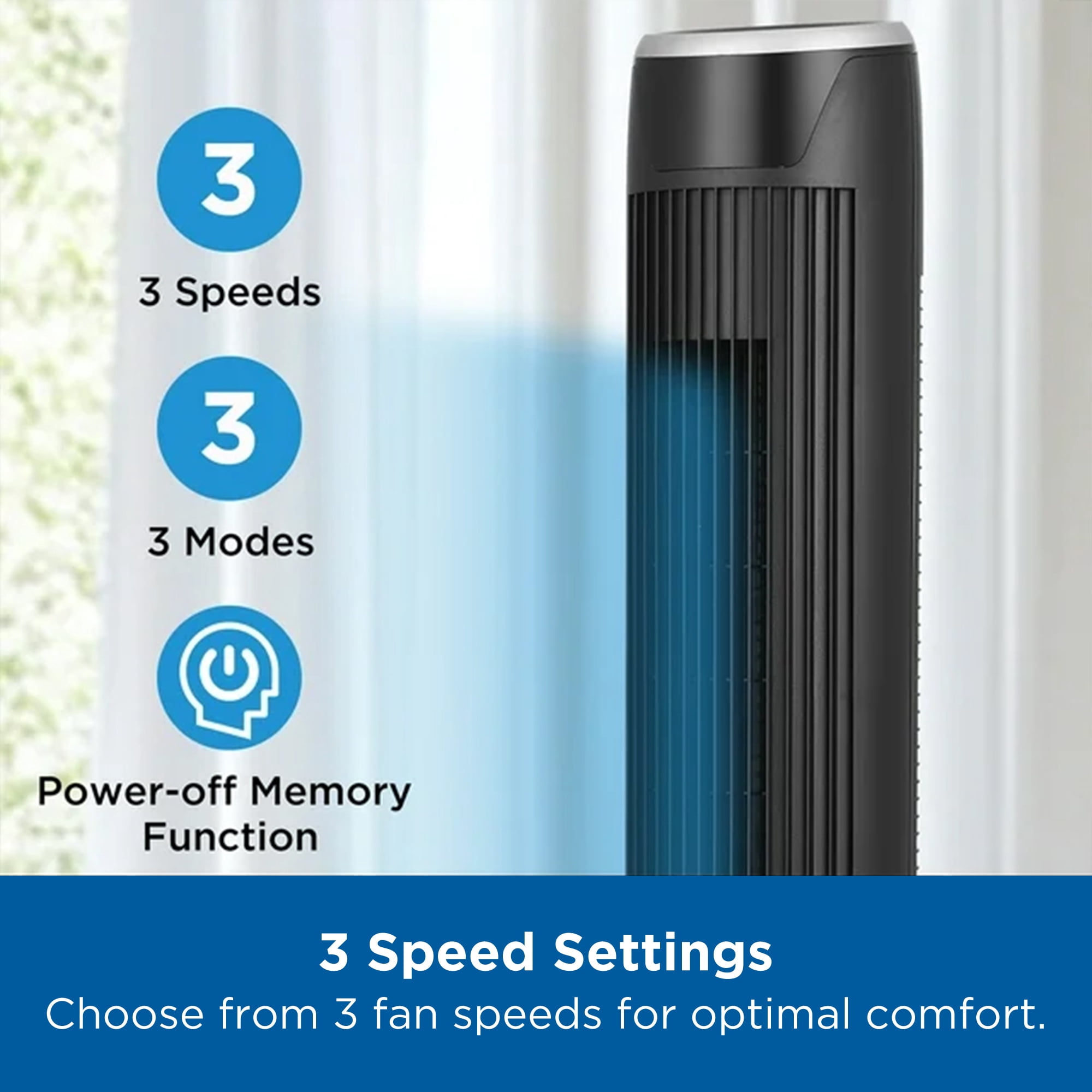 Mainstays 36-Inch Tower Fan with 3-Speed Settings and Oscillation, Remote, Black, MSWMT24JRV