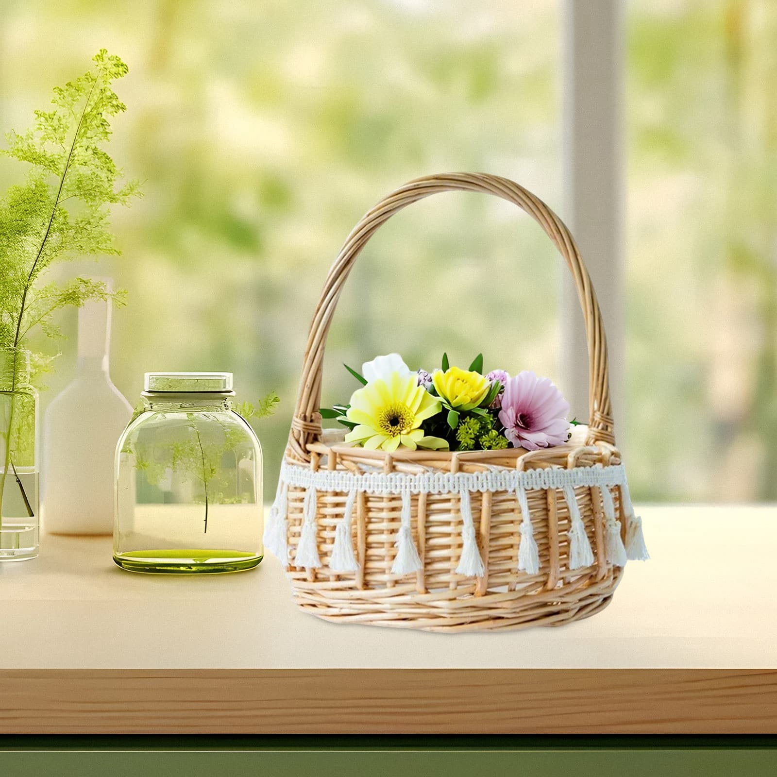 Eqslft Handwoven Wicker Flower Girl Basket with Tassel Lace, Natural Rattan Storage Basket with Handle, Boho Style Decorative Basket for Wedding, Easter, Picnic, Home Decor(Small)