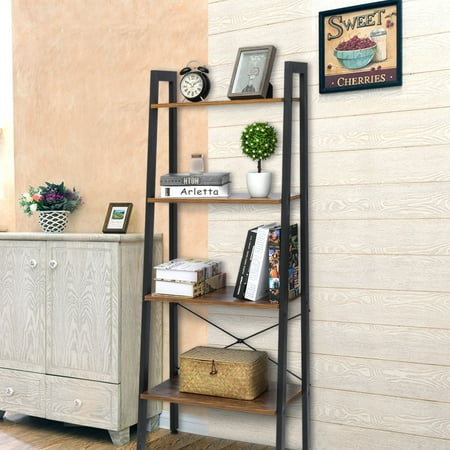 Vintage Industrial Bookshelf Industrial Shelf Ladder Bookshelf Organizer 4-Tier Bookshelf Vintage Rustic Storage Rack Shelves with Wood Look and Metal Frame for Living Room Study Lounge Bedroom Office ()