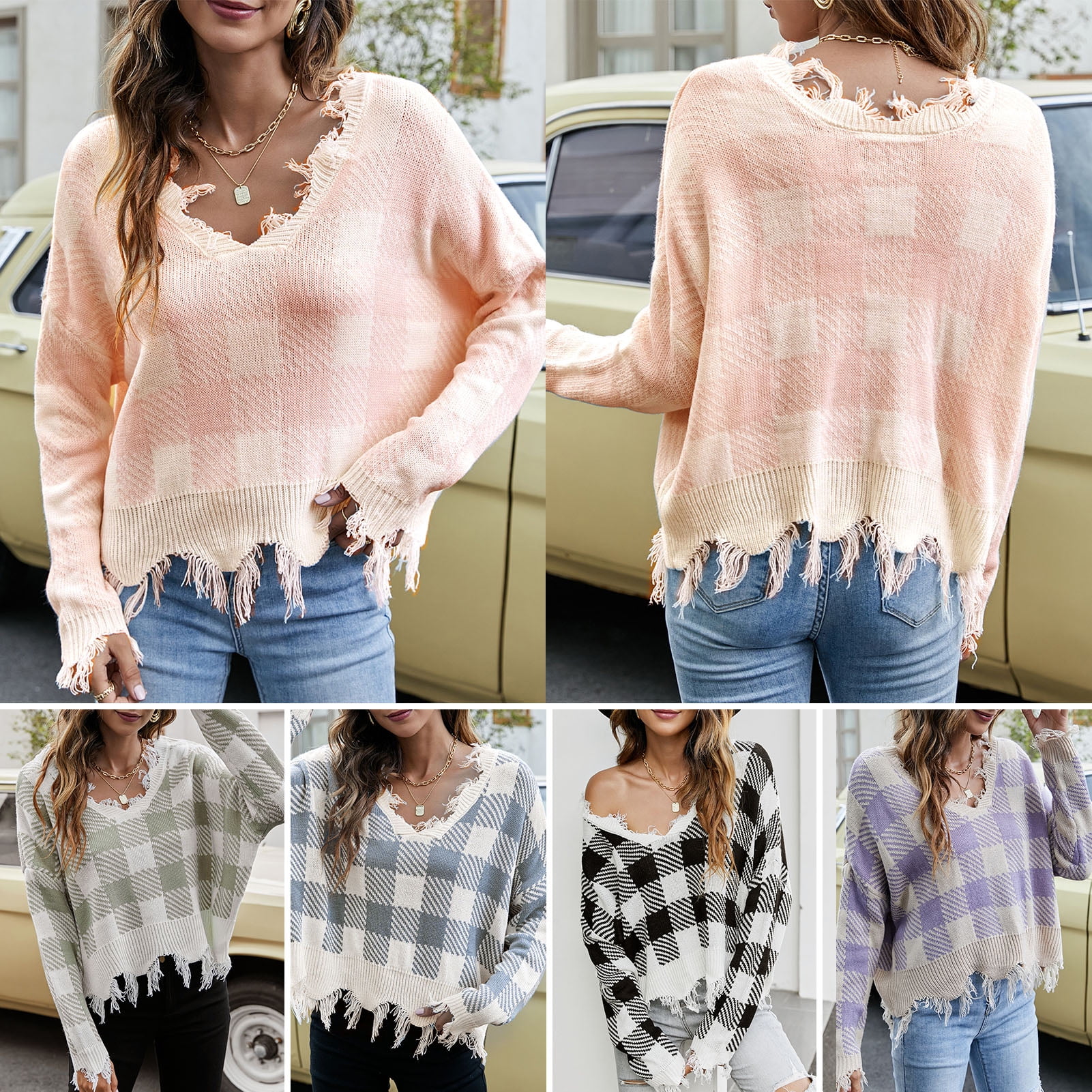 Women Ripped Sweater Plaid V Neck Loose Long Sleeve Knitted Pullover Jumper Tops Walmart