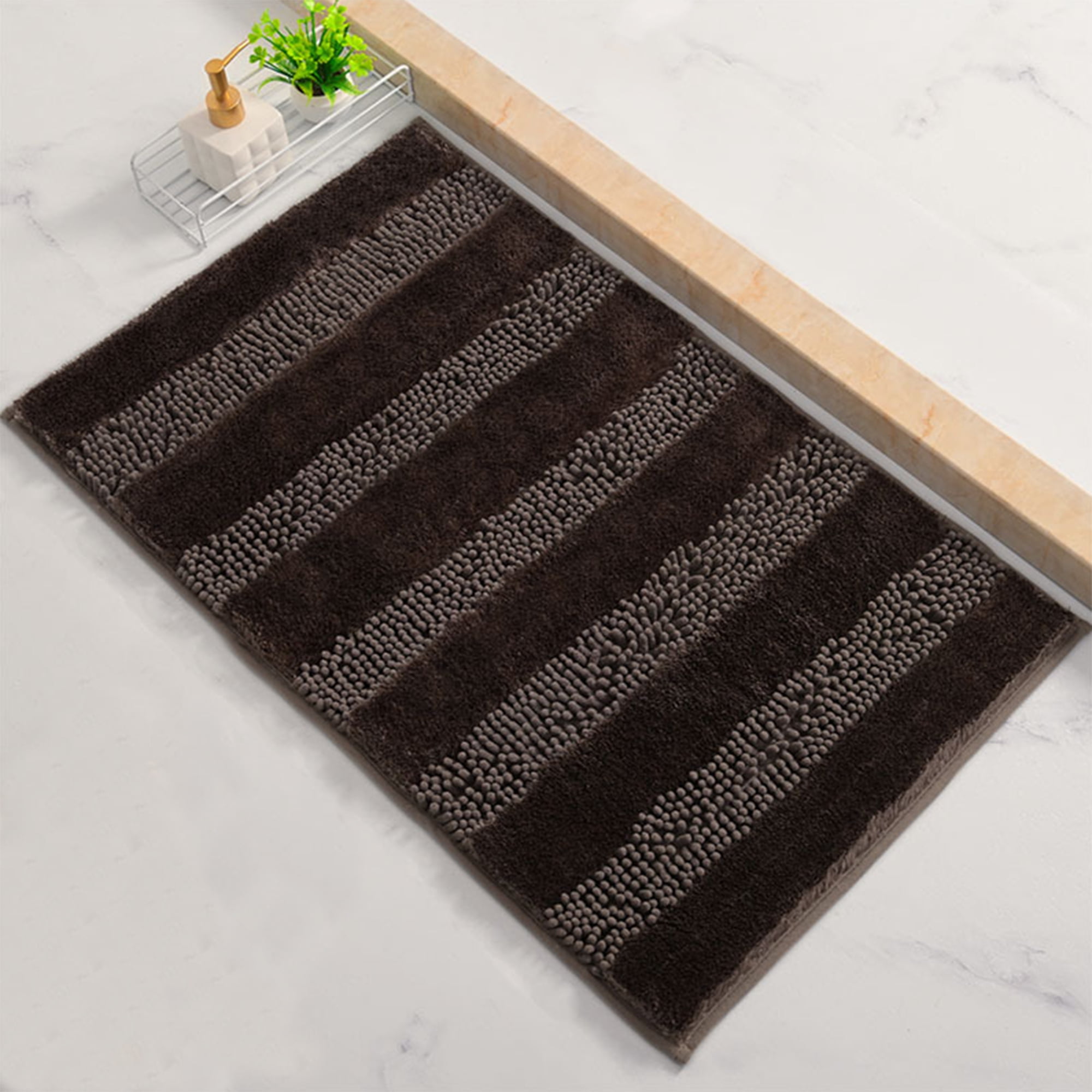 Unique Bargains Striped Bathroom Mat Soft Fluffy Chenille Baths Rugs Brown 20" x 32"