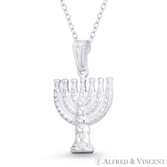 Menorah 7-Candle Lampstand Jewish Charm Pendant & Chain Necklace in .925 Sterling Silver