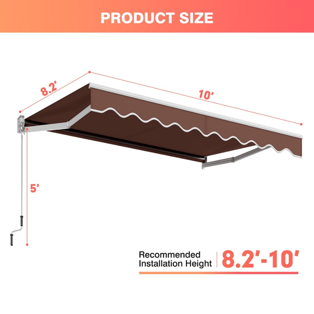 Aimee Lii 10 x 8.2 Feet Retractable Awning with Easy Opening Manual Crank Handle, Retractable Outdoor Patio Awnings, Brown