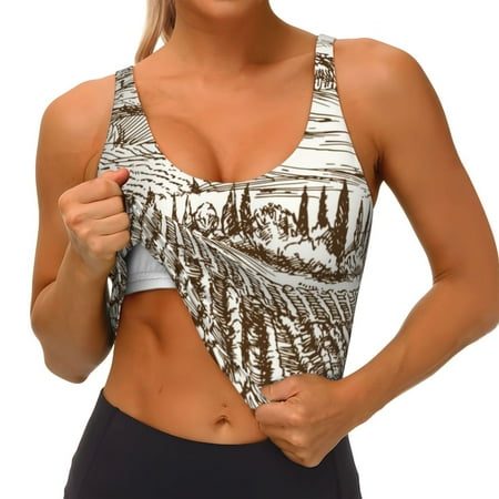 Qokaie Vineyard Landscape 1 Pattern Womens Scoop Neck Sports Bra Breathable Workout Vest Padded U Back Medium Impact Fitness Gym Yoga Bra Workout Crop Top