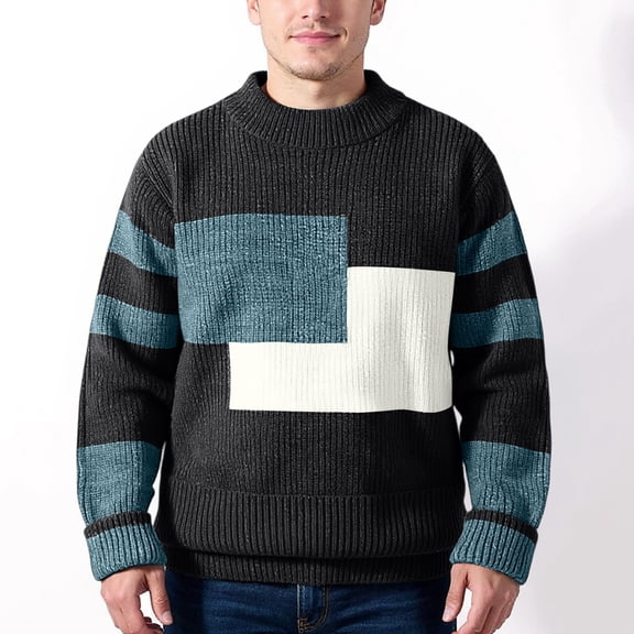 Men's Crew Neck Color Block Knit Sweater Long Sleeve Casual Pullover Top