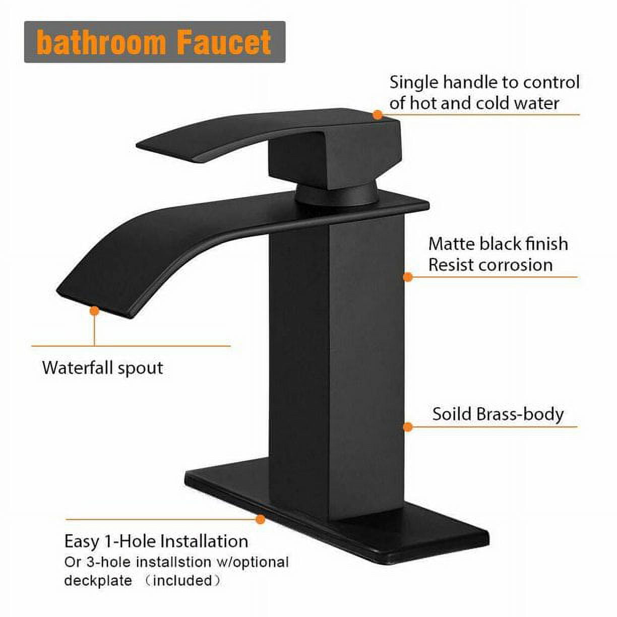 Matte Black Bathroom Counter Top Basin Sink Faucet Waterfall with Cover