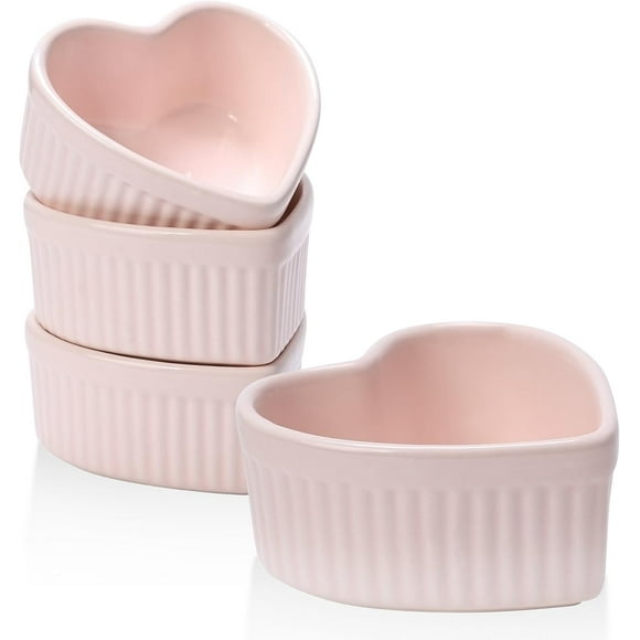 TEMOGU-4 pack 5oz Heart Shaped Ramekins Ceramic Bowl Bakeware for Souffle Creme Brulee Oven and Dishwasher Safe Baking Dishes Cute Pink Cookware for Kitchen