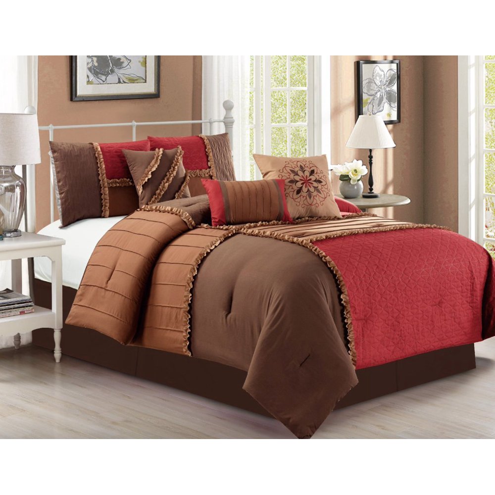 Empire Home 7 Piece Elegant Spring Brown & Burgundy Embossed / Ruffled Comforter Set 21031