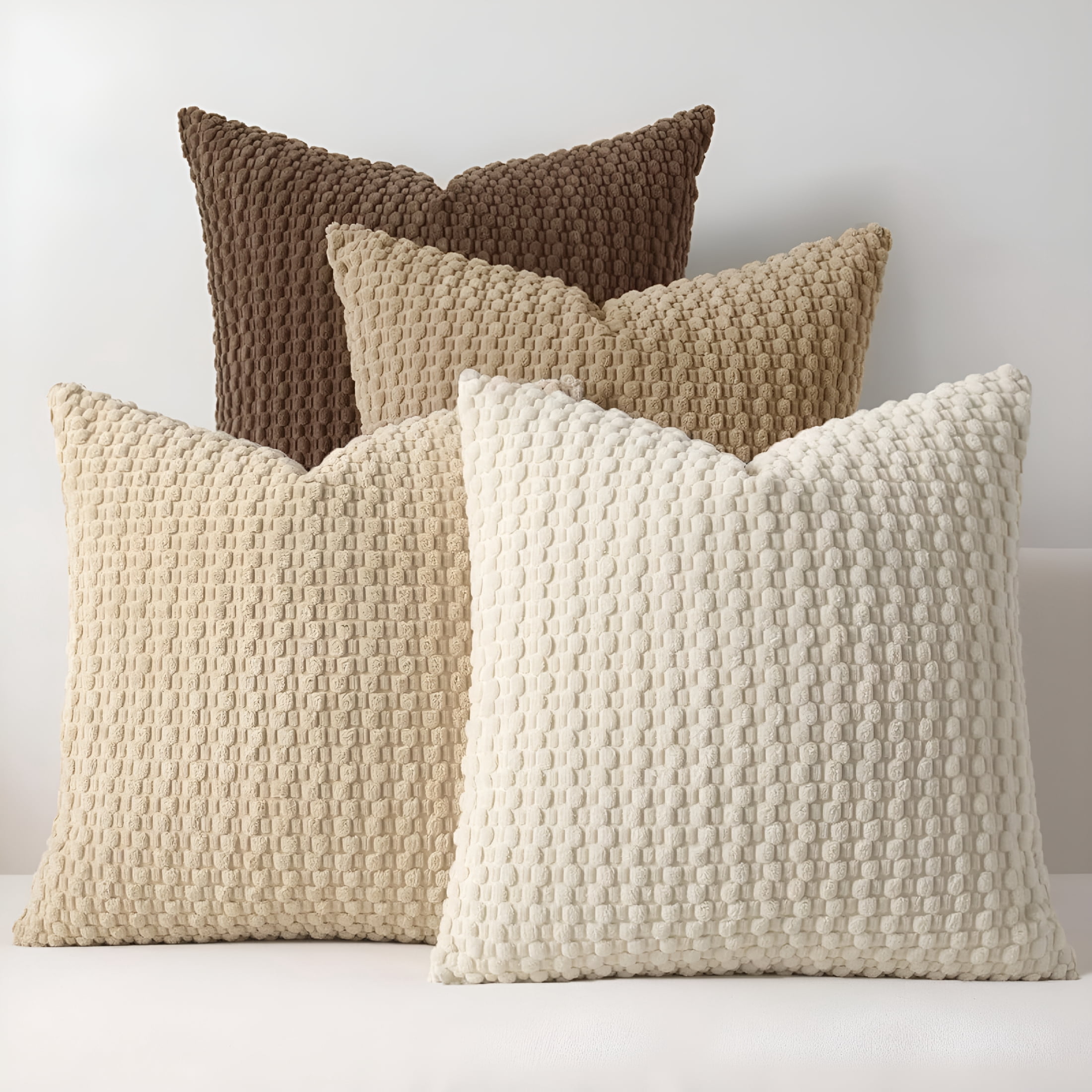 AUQ Throw Pillow Covers 18X18 Set of 4,Super Soft Boho Corduroy Decorative Cushion Cases,Solid Color Plush Texture Pillow Covers for Sofa Couch Chair,Beige Brown Pillow Cases 18X18