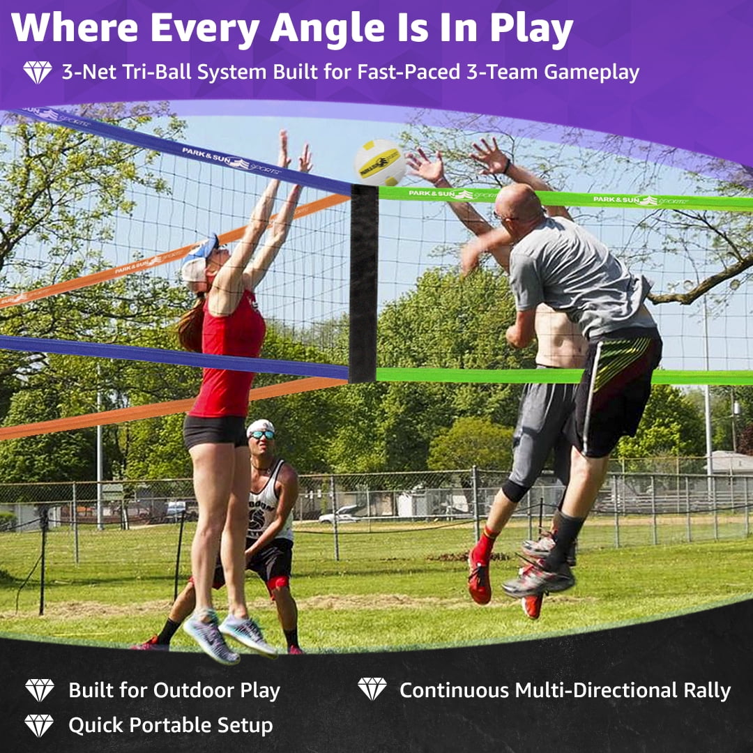 Park & Sun Sports Tri-Ball FUN 3-Net Volleyball System – Portable 3-Team Outdoor Game Set with Boundary, Ball & Pump