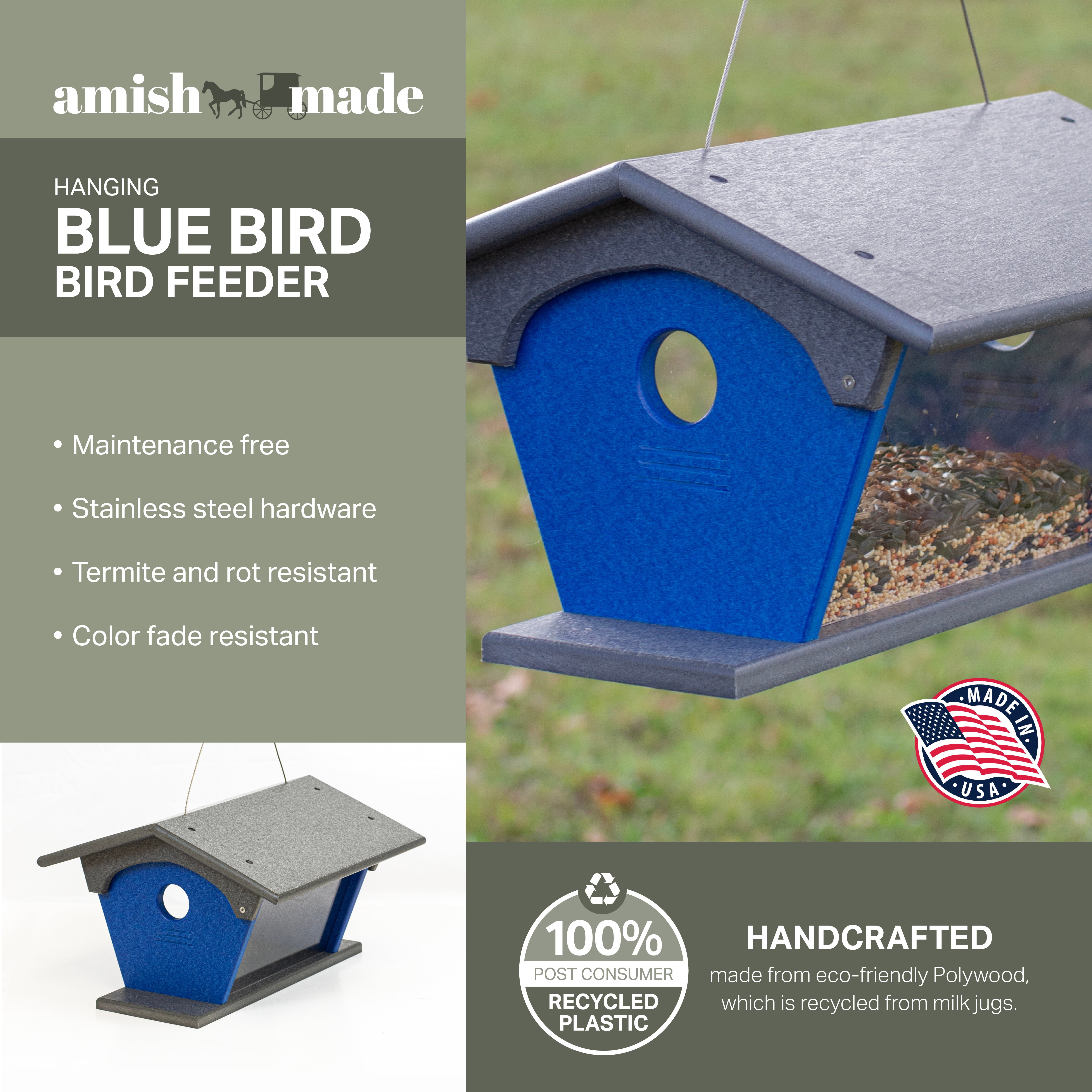 Outdoor Leisure Products Model GM4GBL Blue Bird Feeder Made of High Density Poly Resin in Gray and Blue