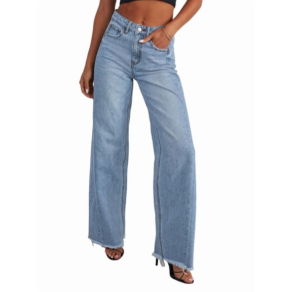 Women'S Wide Leg Jeans High Waisted Strechy Raw Hem Pants Light Blue S