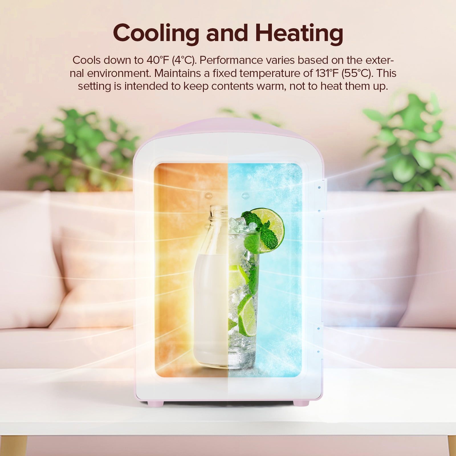 Auseo Mini Fridge Personal Beauty Refrigerator, 4 Liter, Includes Plugs for Home Outlet & DC Charger, Dorm, Bedroom, Table Top Beverage Cooler for Drinks, Soda, Wine - Pink