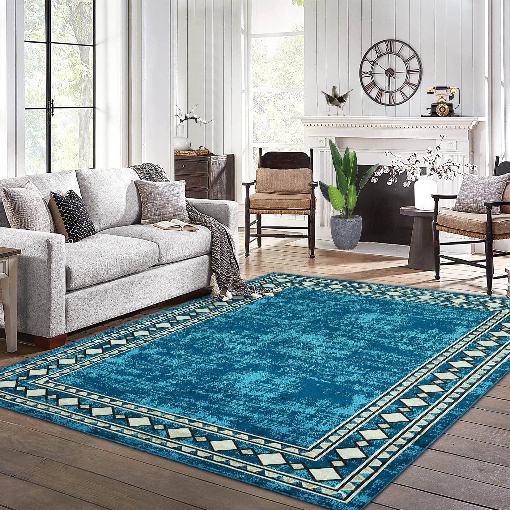 Garvee 4'x6' Geometric Bordered Area Rugs Contemporary Rugs for Living Room, Non-Slip Washable Rugs Soft Throw Rugs Low-Pile Stain Resistant Carpet for Bedroom Dining Room Farmhouse, Blue Green