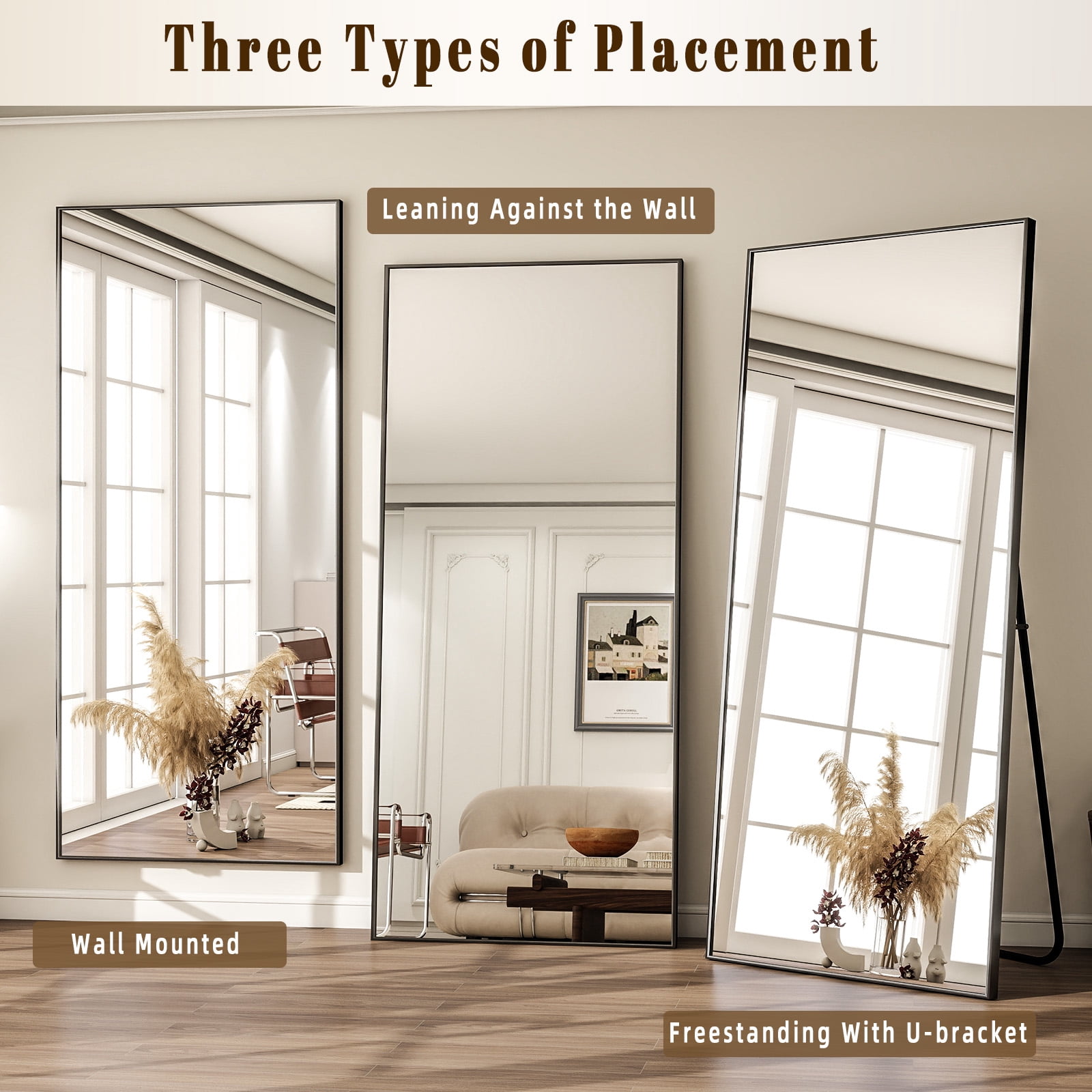 AUROMIR 34"x76" Rectangular Full Length Mirror Full Body Standing Mirror with Metal Frame, Black