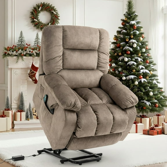 UHOMEPRO Power Lift Recliner Chair Recliners for Elderly with Heat and Vibration Massage Recliner Chair for Living Room with Infinite Position and Side Pocket, with Remote Control, Beige Brown