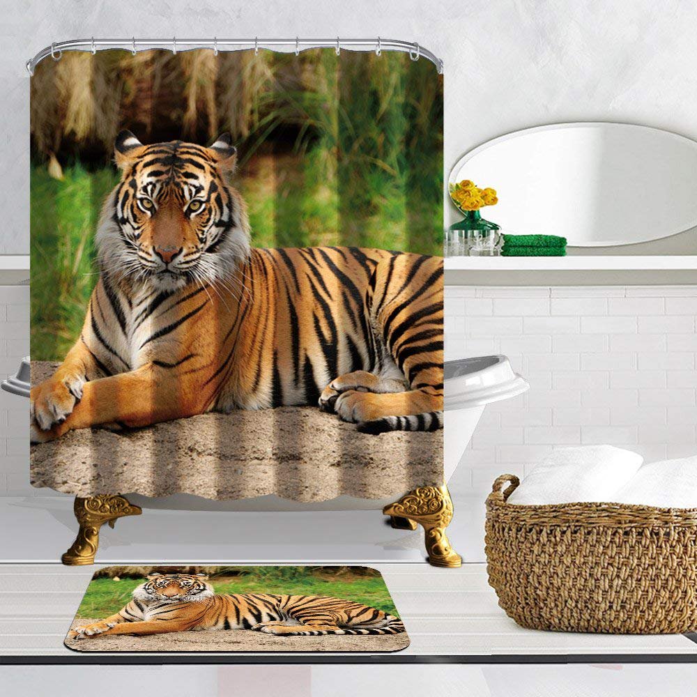 BPBOP Lie down the tiger Shower Curtain 66x72 inches with Floor Doormat Bath Rugs 15.7x23.6