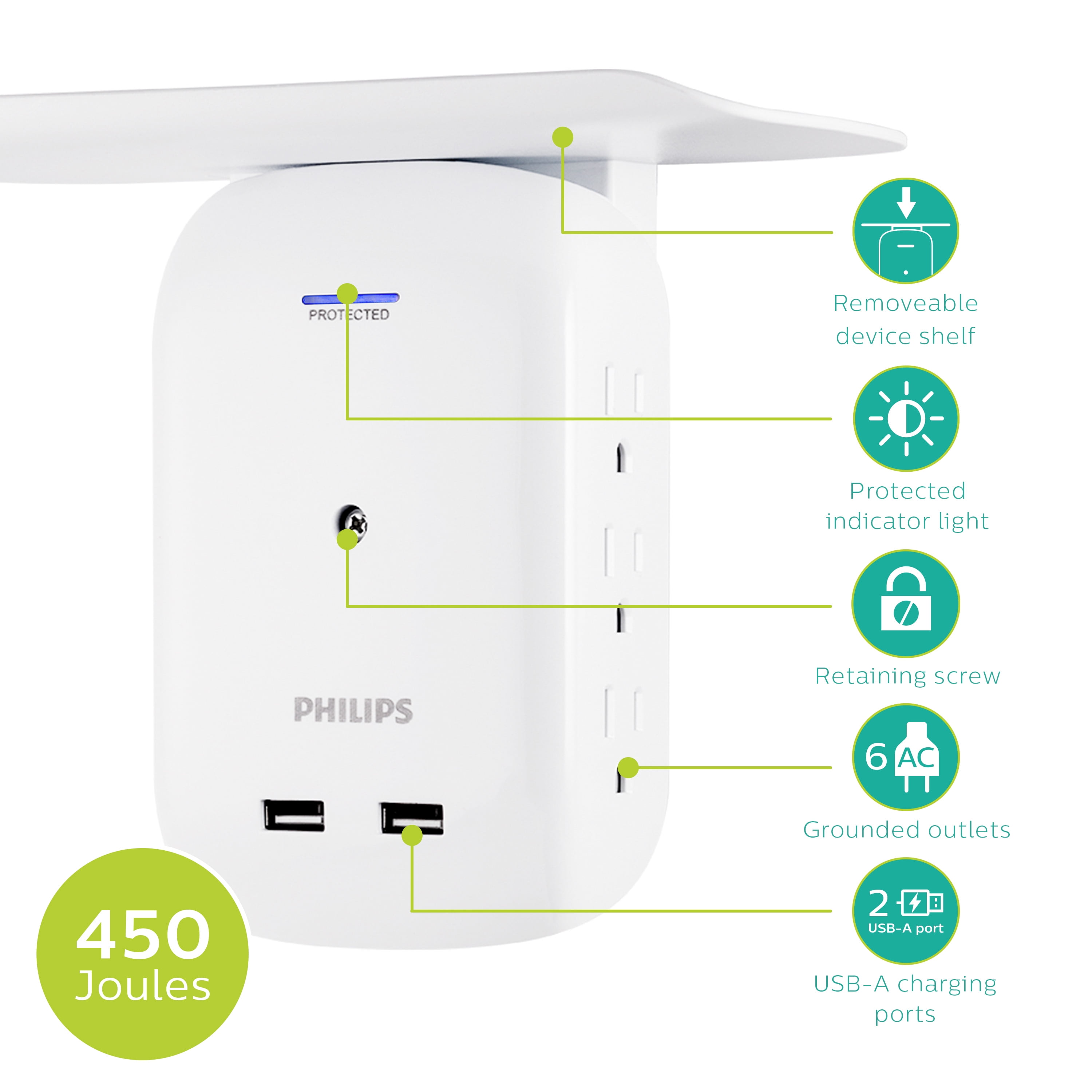 Philips 6-Outlet Surge Protector Tap with Device Shelf, 450J, 2 