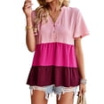 thumbnail image 1 of Top de verano para mujer, manga corta, cuello en V, botón frontal, bloque de Color, dobladillo con volantes, Top para mujer, rosa, L, 1 of 8