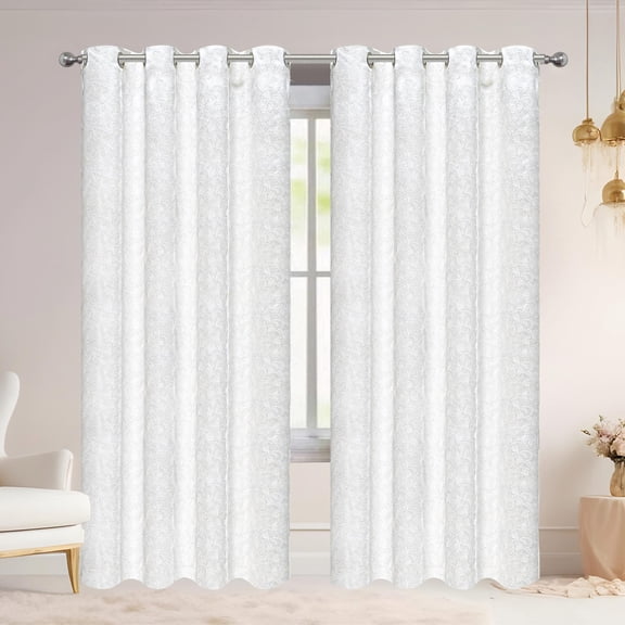 Adelia Ginkgo Biloba Leaf Room Darkening Grommet Window Curtain Panel, White, 54x84 Inches