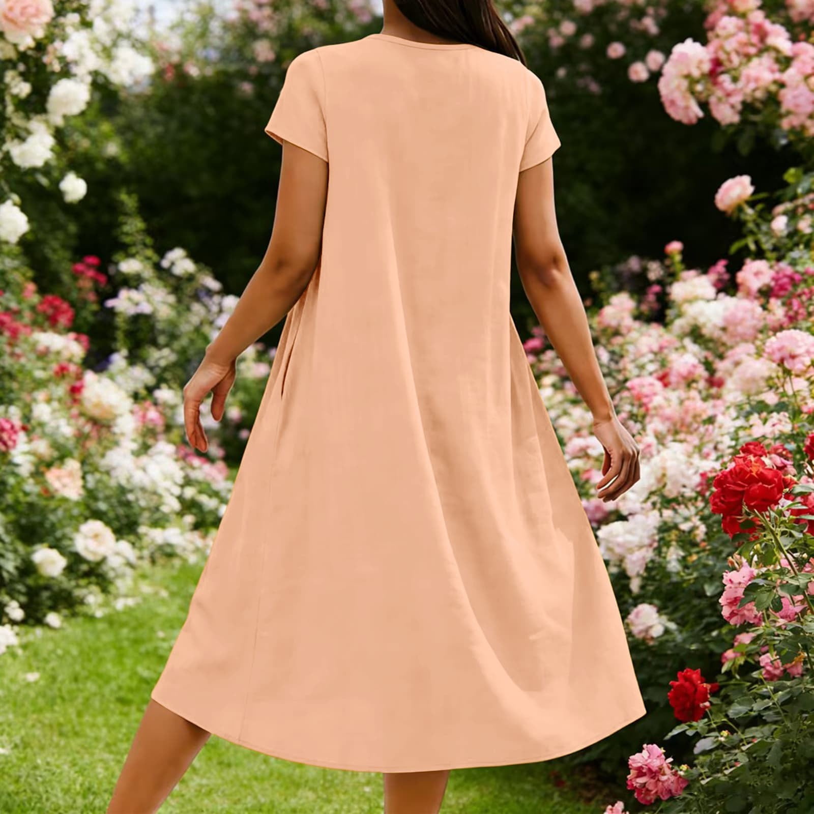 YFNNUP Short Sleeve Cotton Linen Maxi Dress for Women Round Neck Casual Summer Dresses Vintage Flowy Beach Vacation Sundress with Pockets