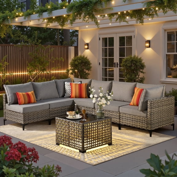 Ovios 7 Pieces Outdoor Patio Furniture Set PE Wicker Rattan Sofa Set with Solar Table, Dark Gray