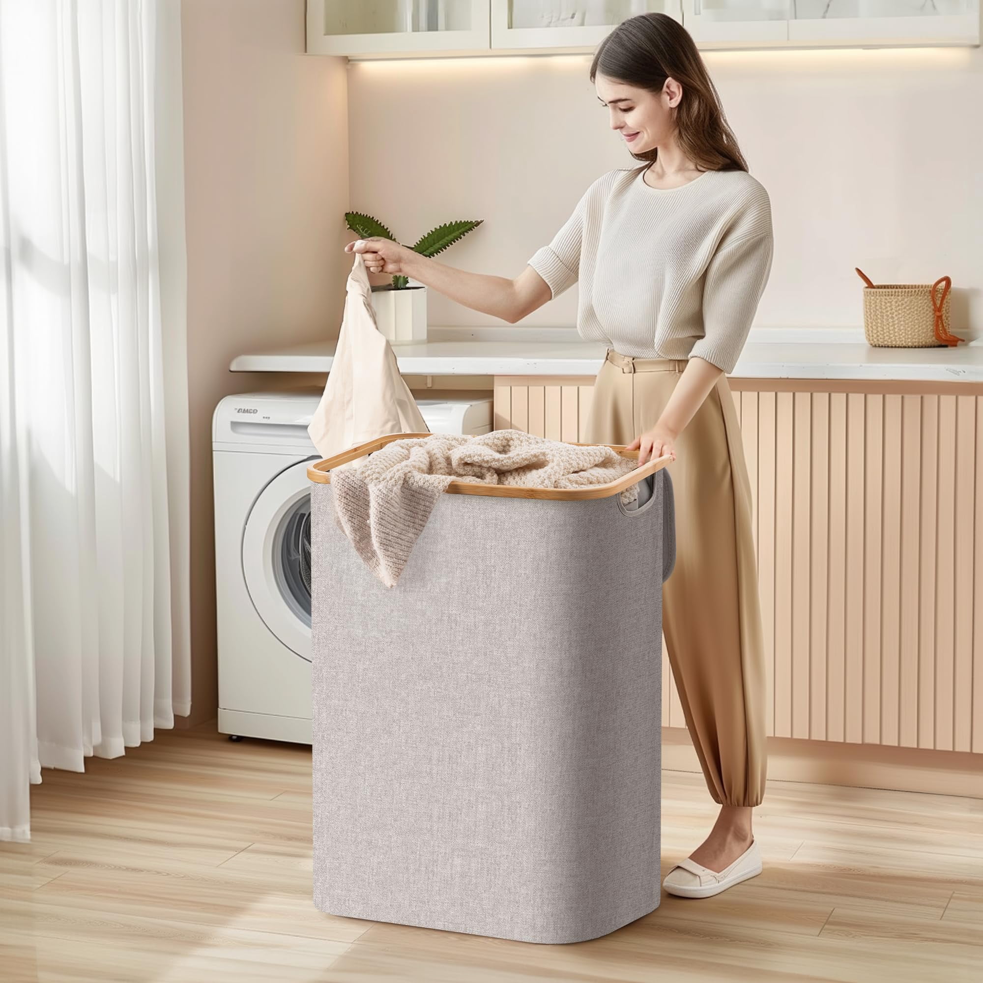 HBlife 120L Slim Laundry Hamper with Lid and Removable Inner Bag,Lightgrey