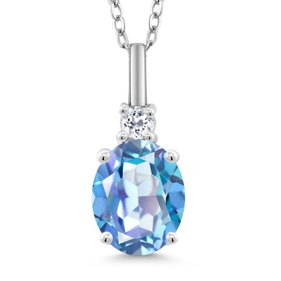 Gem Stone King 2.38 Cttw Millennium Blue Mystic Quartz and White Topaz Pendant Necklace for Women | 925 Sterling Silver | Gemstone Birthstone | Oval 9X7MM | With 18 inch Silver Chain