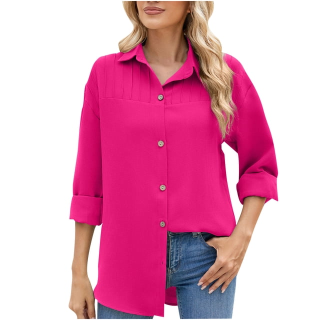 Timegard Chemises pour Femmes à Manches Longues, Col à Revers, Boutonnée, Blouse Unie, Travail Décontracté, Coupe Ample, Automne