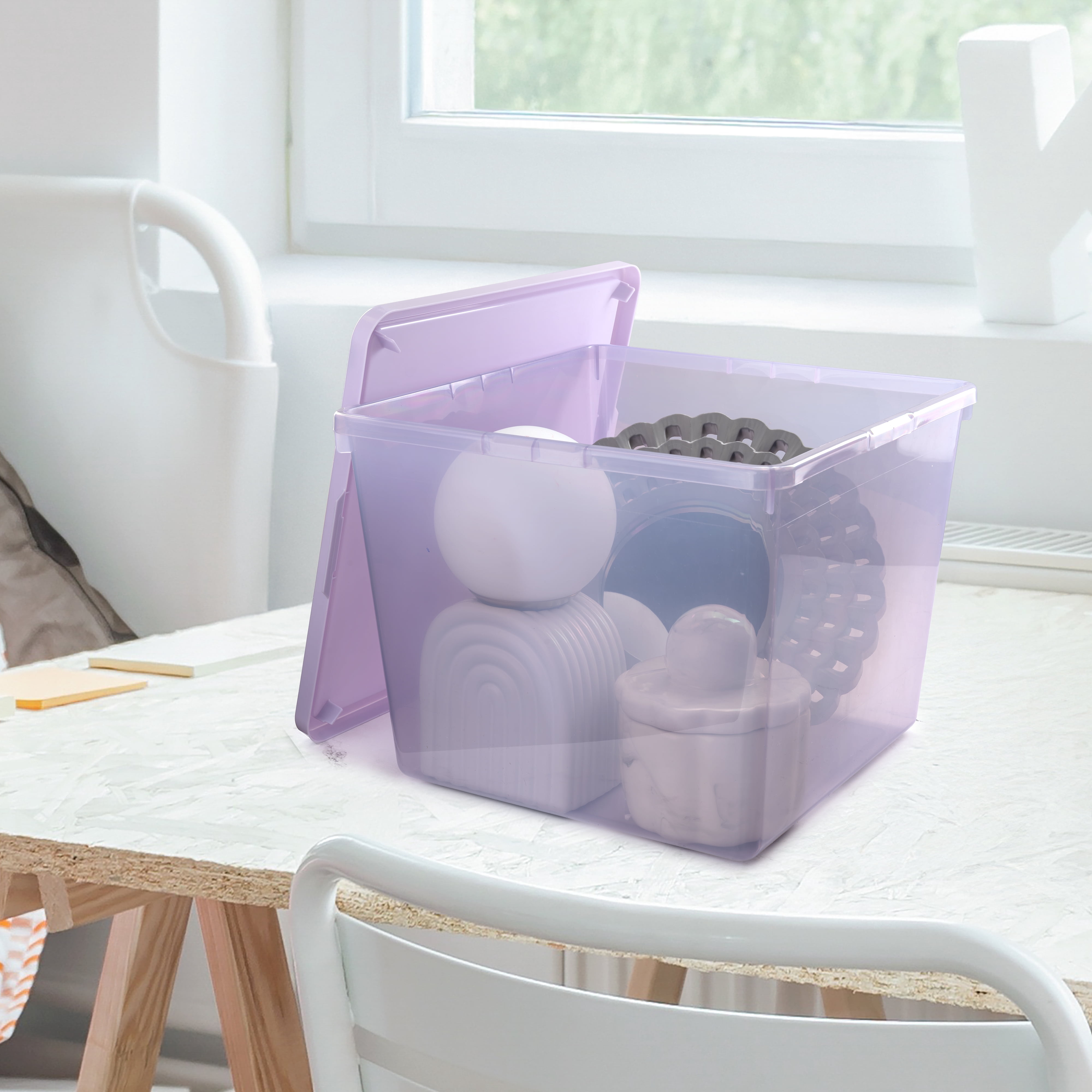 Mainstays Large Plastic Modular Stacking Storage Bin with Lid, Iris Tint