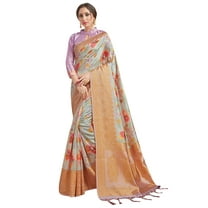 Sarees for Women Banarasi Art Silk Digital Print Sari with Zari Resham Woven Border - Indian Gift Saree & Unstitched Blouse Beige