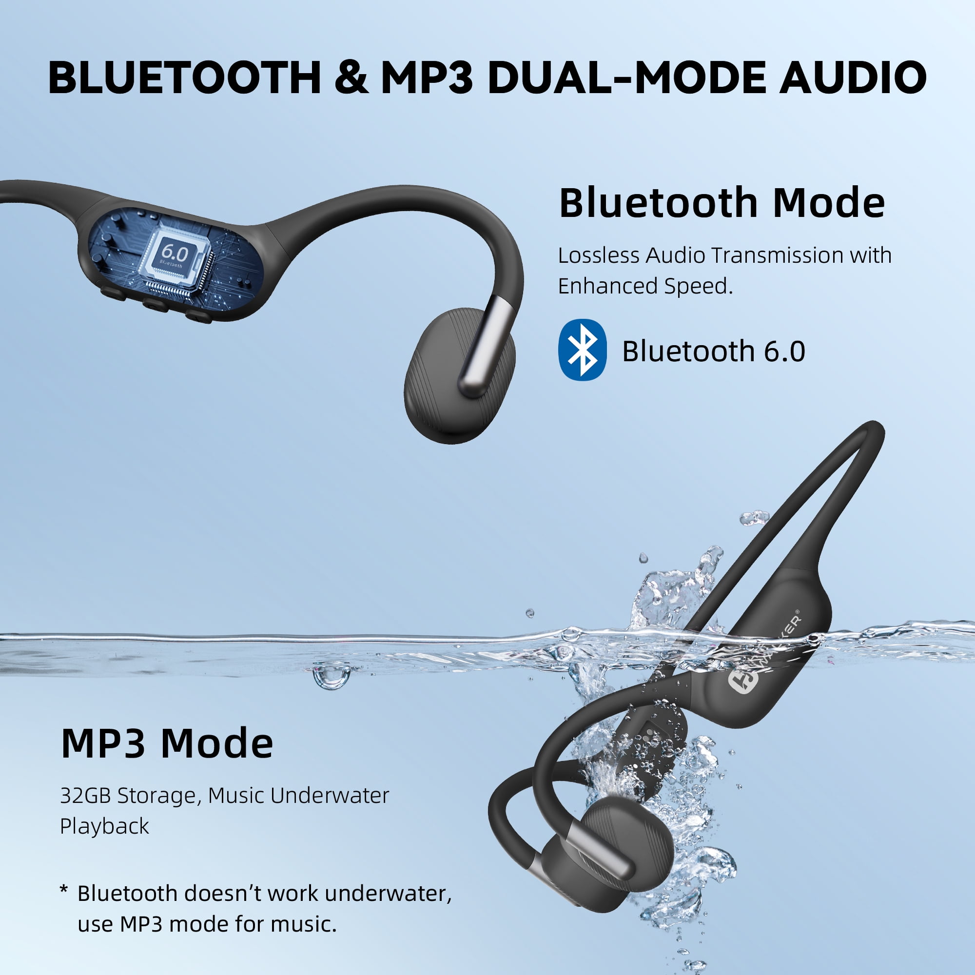 HIFI WALKER T10 Ultra Bone Conduction Headphones, 32GB MP3, Bluetooth 6.0, IPX8 Waterproof, 15H Battery