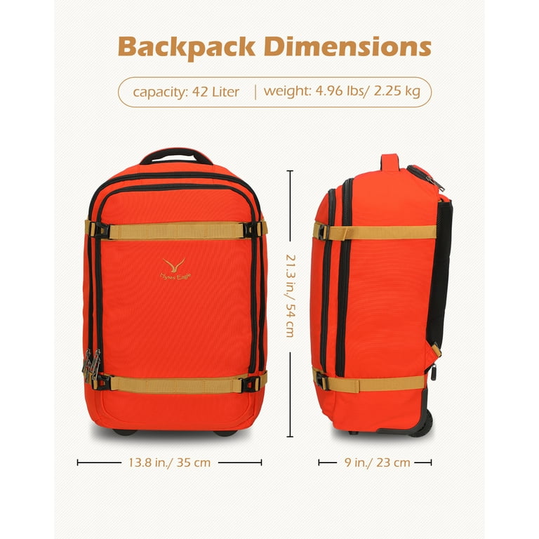Hynes Eagle 42L Convertible Rolling Backpack 22 Flight Approved Carry On Luggage with Smooth Rolling Wheels Removable Straps and Hidden Telescopic Handle Red Orange Walmart