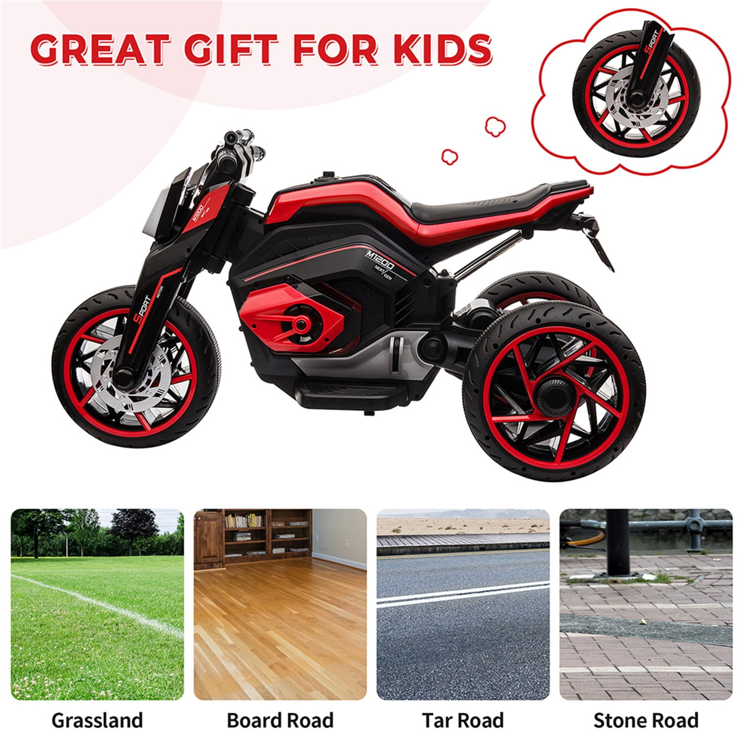 CIPACHO 12V Electric Motorcycle for Kids, Kids Ride On Motorcycle w/ 3 Wheels, Lights, Music, Battery Powered Trike Electric Toy for Children, Red