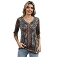 thumbnail image 7 of TEMOFON Blouse for Women Summer 3/4 Length Sleeve V Neck Pleated Womens Tops Dressy Casual Retro Print Tunic Tops L, 7 of 7