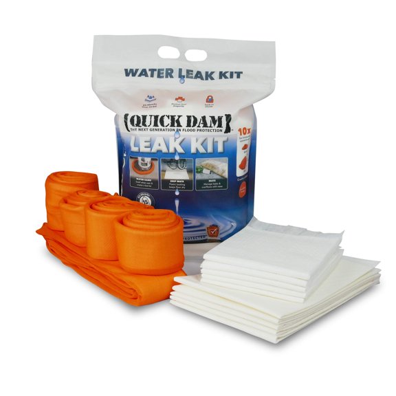 Quick Dam WU-KIT Indoor Flood Control Leak Kit - Orange Water Dams (ft) -1 Orange Water Dam (10 ft) - 5 Absorbent Mats - 5 Drip Mats - Emergency Water Containment Solution - Water Absorbing Kit CA1