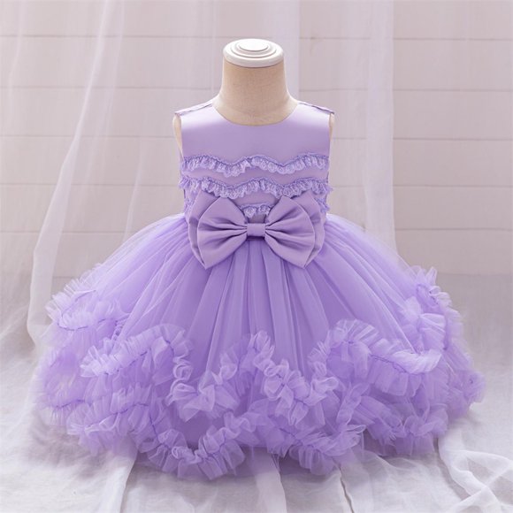 HOZADOIE Girls Dresses Mesh Sleeveless Dress Fashionable Color Block Crew Neck Cute Bow Decorative Spring Summer Performance Christening Gown Formal Holiday Dresses for 6 Months-3 Years
