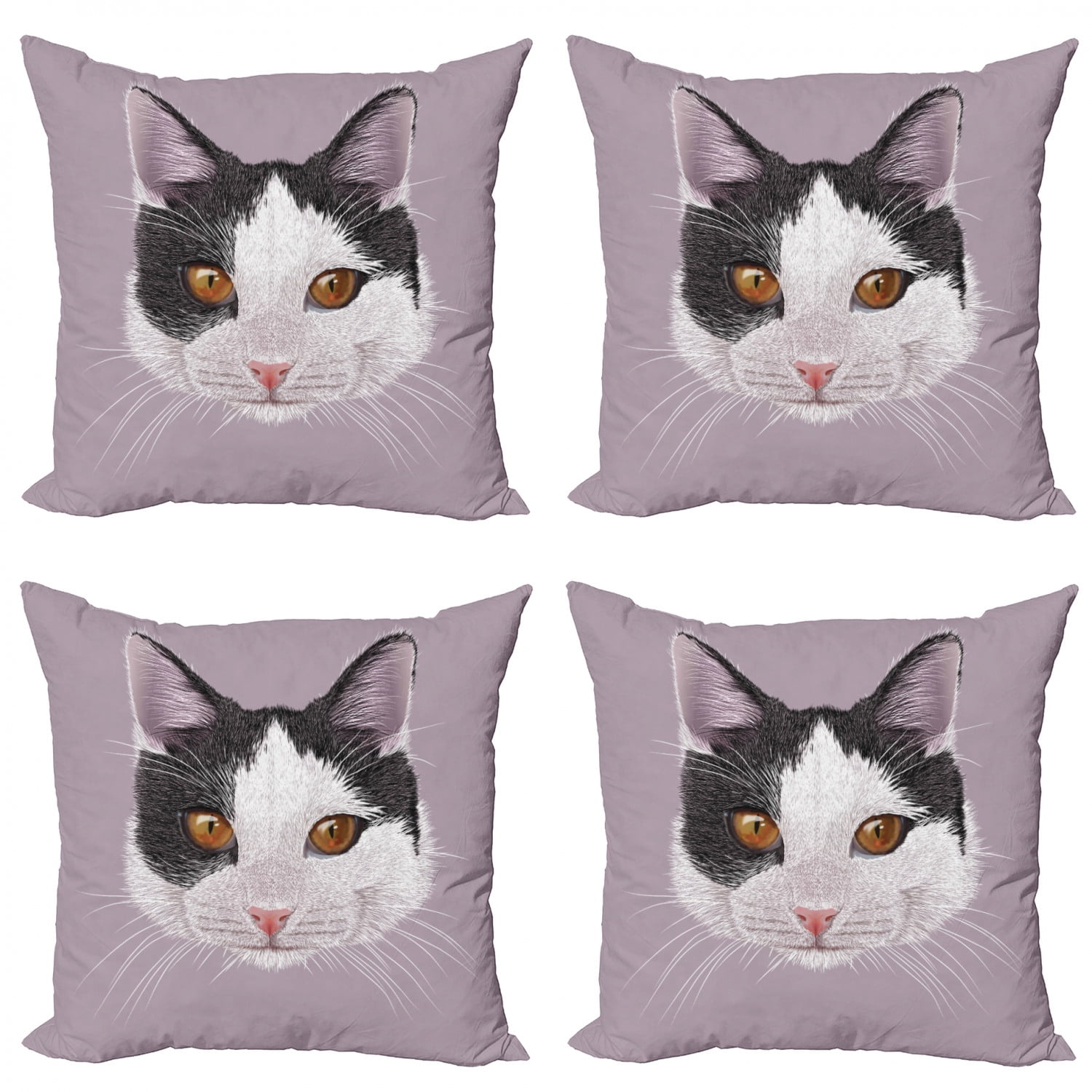 Animal Throw Pillow Cushion Case Pack of 4, Cat Kitty Portrait Young