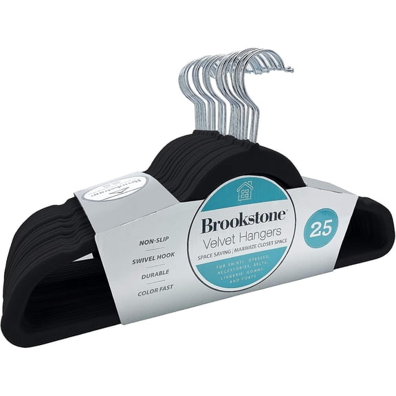 Brookstone Adult Swivel Hook Velvet Skirt Clothes Hangers with 25 Hangers, Black, 25 Count