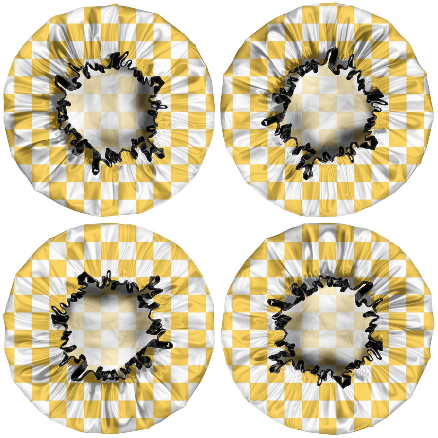 Shower Caps,Yellow White Checkerboard Checkered Pattern Waterproof Shower Cap for Women 4 Pieces,Double Reusable Hair Cover for Shower PEVA Elastic Stretch Hem