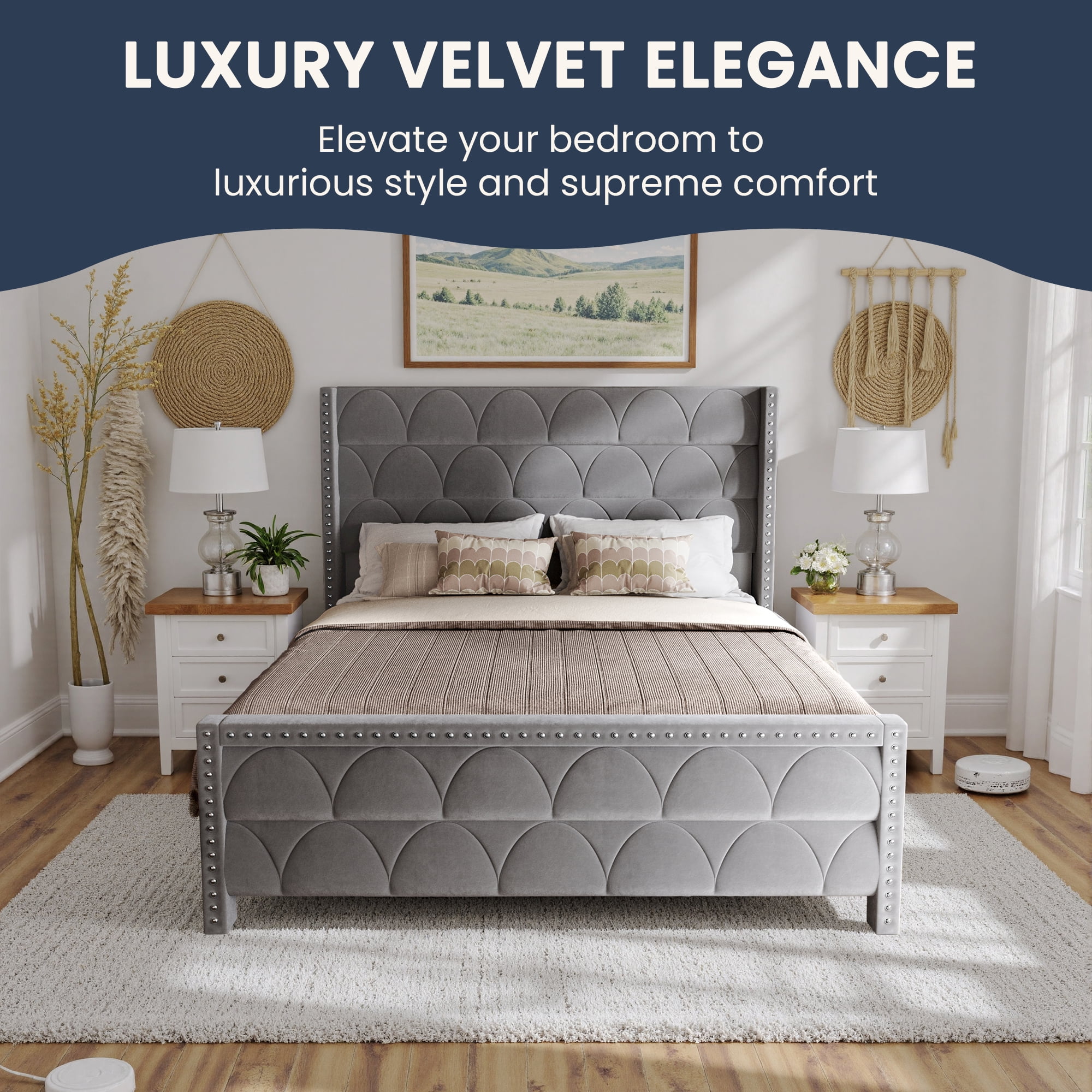 56" Velvet Upholstered Bed Frame with Wingback Headboard, Nailhead Trim, Wood Slat Support, No Box Spring Required
