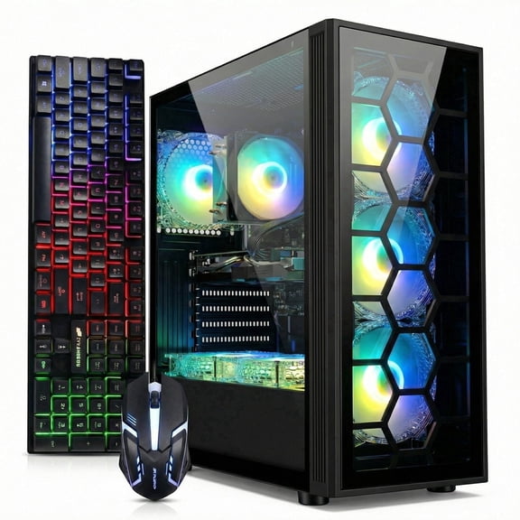 STGAubron Gaming PC Computer, AMD Ryzen 5 2400G, RX 580 16G, 16GB DDR4, 512GB SSD, WiFi 6, BT 5.0, RGB Fan x 6, Win 11 Home